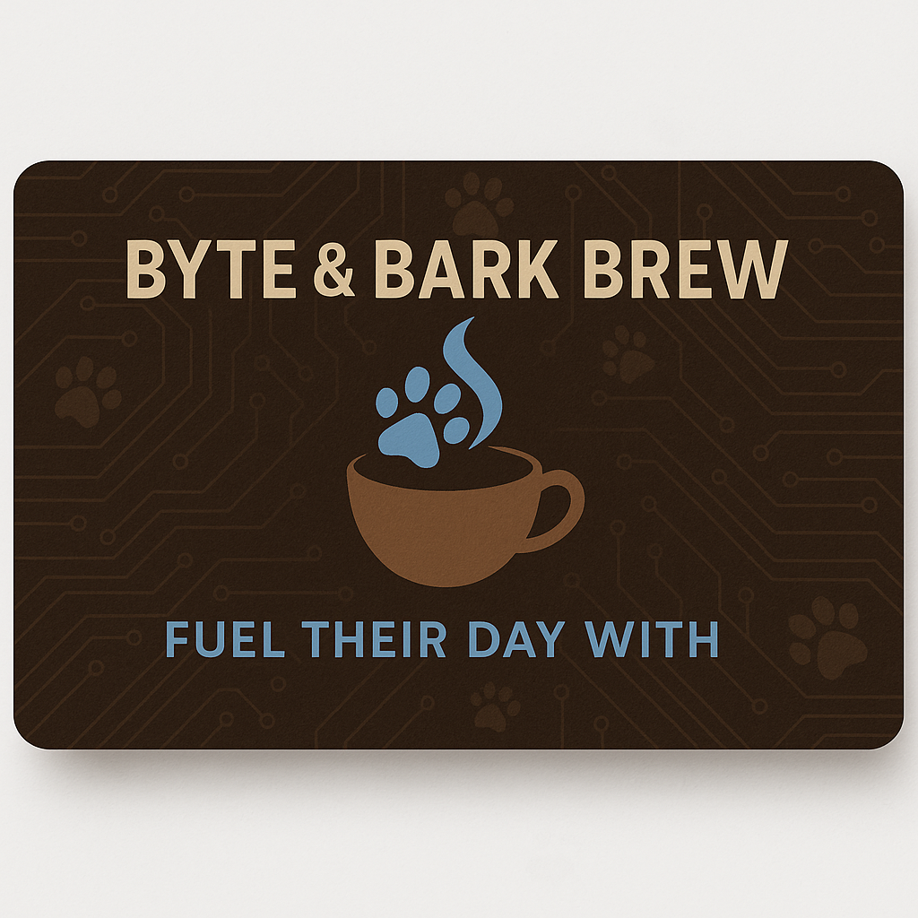 Byte & Bark Brew product card with coffee cup icon and text on a dark background