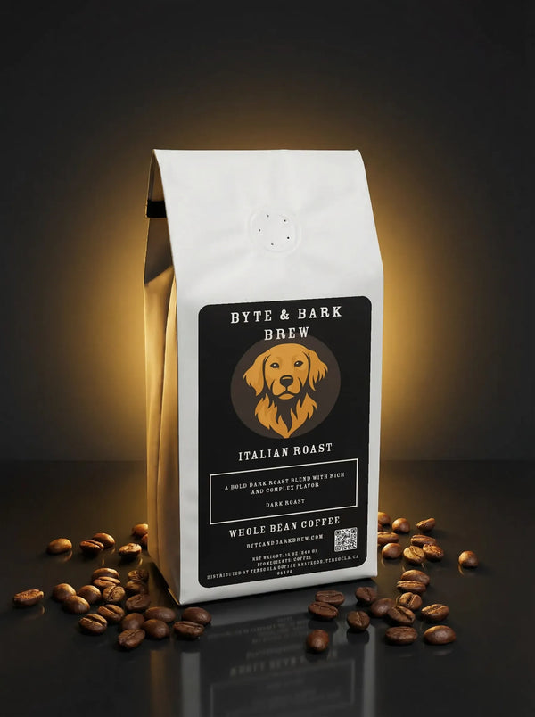 Byte & Bark Brew Italian Roast coffee bag with scattered coffee beans on a dark background