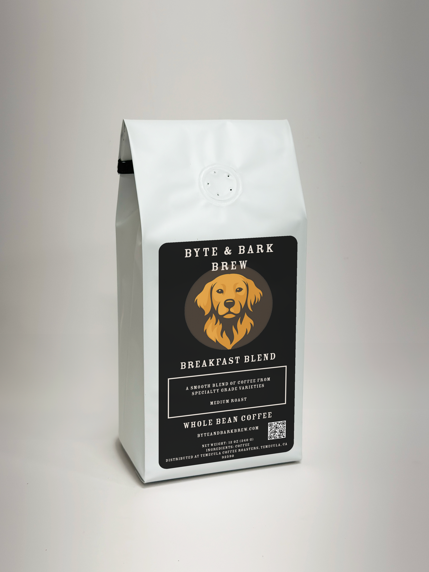 Byte & Bark Brew Breakfast Blend product label on the coffee bag — clean, warm design representing a smooth and comforting roast.