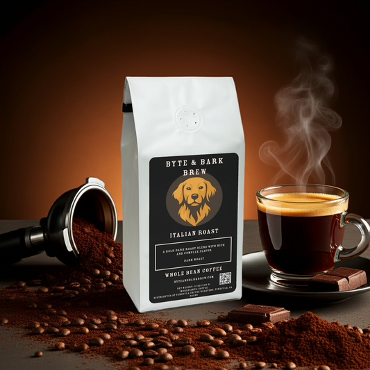 Bag of Byte & Bark Brew Italian Roast coffee surrounded by whole beans, coffee grounds, and a steaming cup — bold, rich flavor crafted for true coffee lovers.