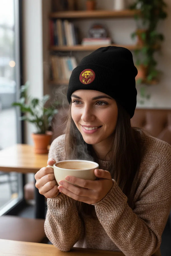 Woman wearing a black beanie with a logo, holding a mug in a cozy indoor setting.