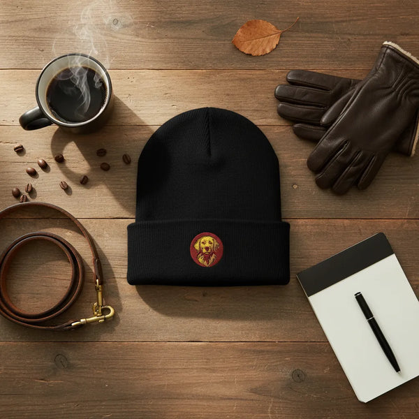 Black beanie with a logo, leather gloves, coffee, and accessories on a wooden surface