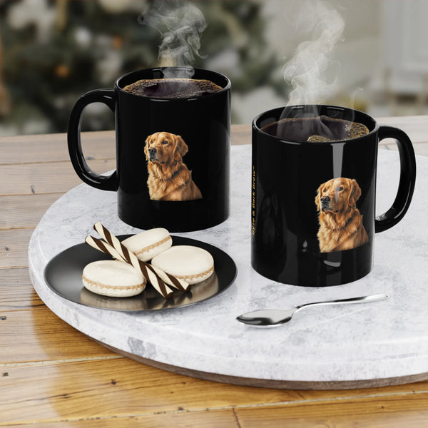 Two black mugs with dog illustrations on a marble tray with cookies and a spoon.