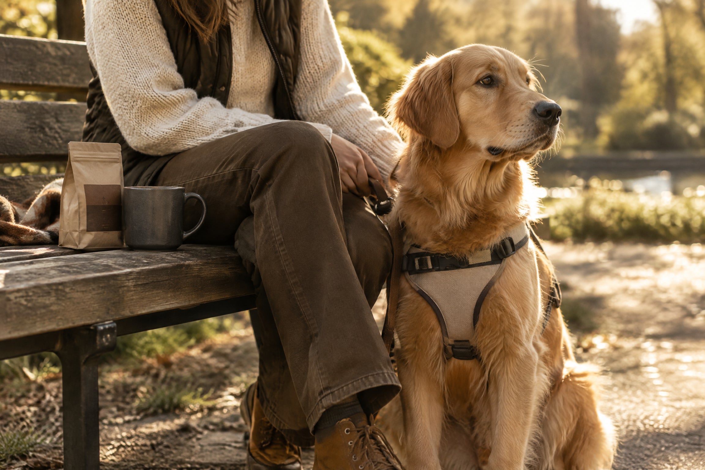 Golden retriever beside a coffee drinker