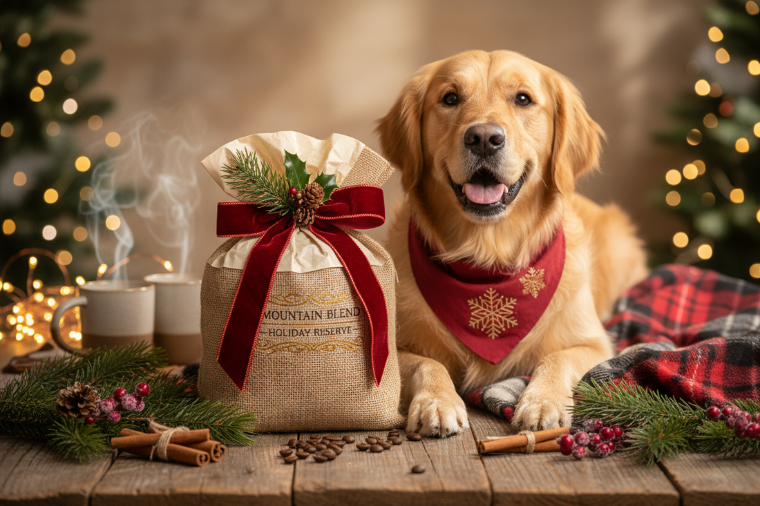 Premium coffee gift bag with festive ribbon next to happy dog for Christmas gift giving