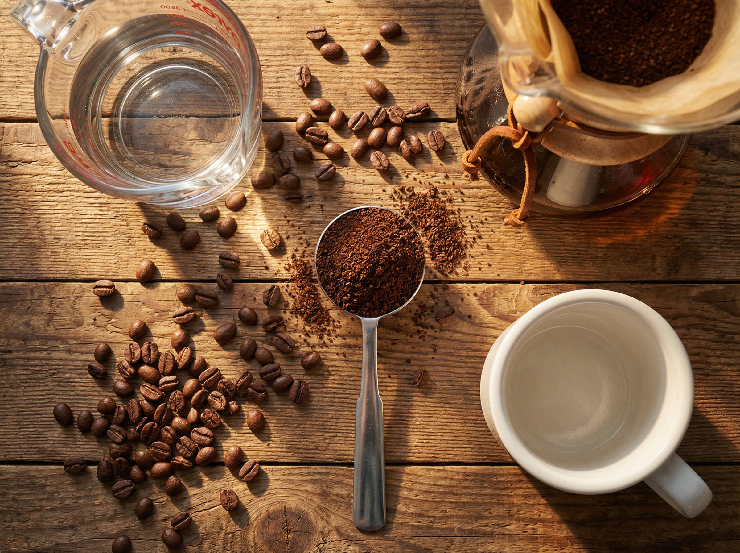 Coffee to water ratio showing tablespoon of ground coffee for brewing the perfect cup