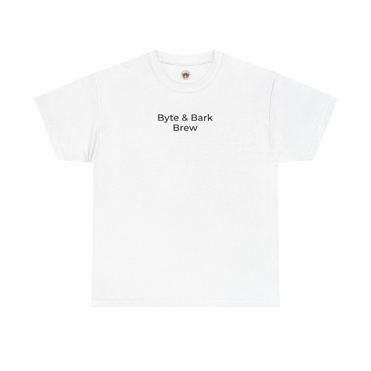 Cropped front view of white t-shirt with centered Byte & Bark Brew® text logo