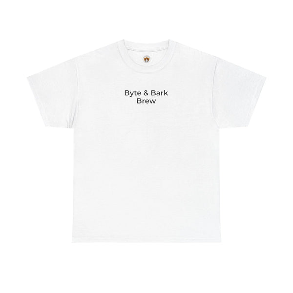 White t-shirt with 'Byte & Bark Brew' text on a white background