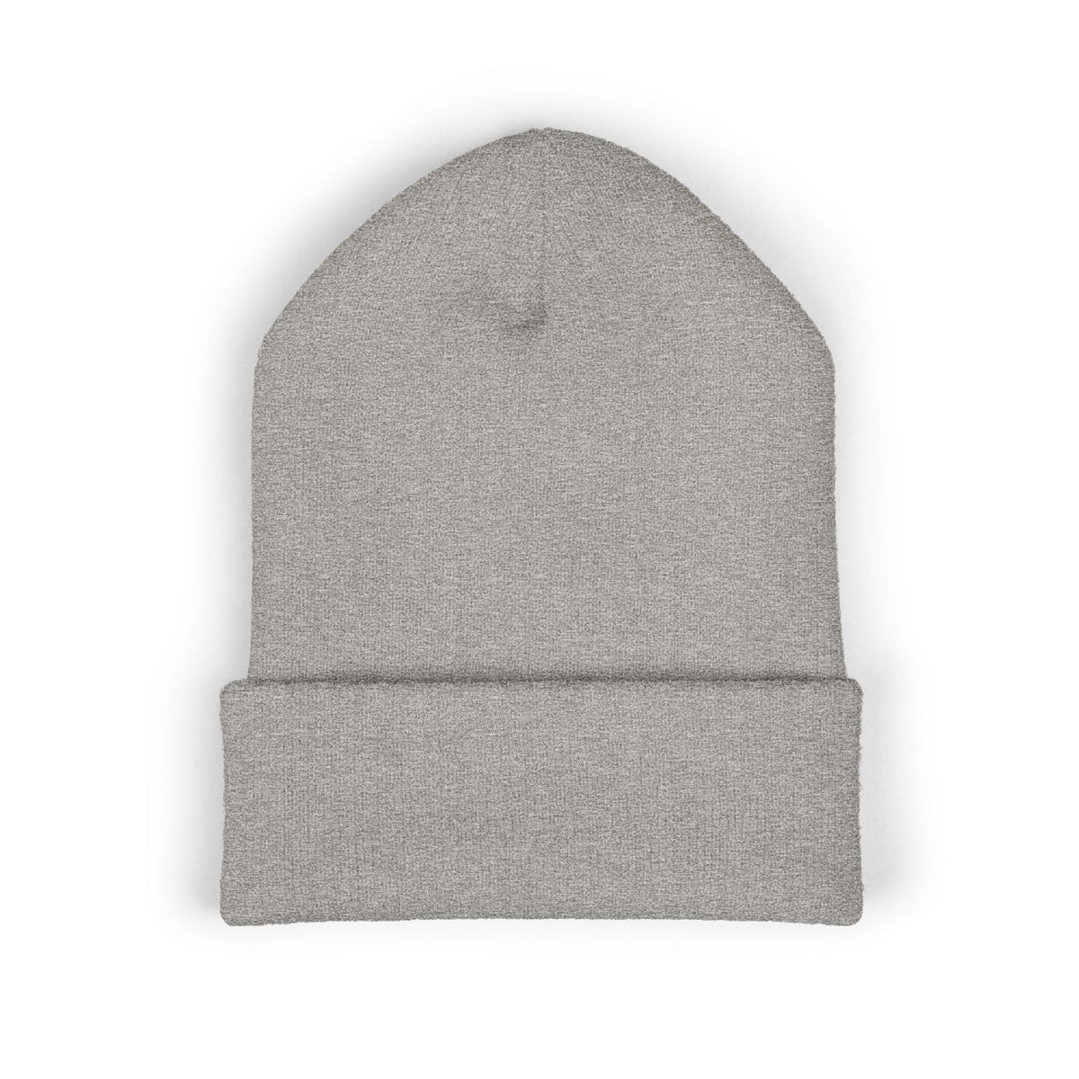 Top view of folded light gray knit beanie showing cuff, rounded crown, and textured knit on white background