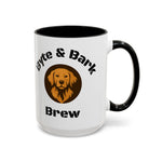 White mug with black interior and handle, featuring a dog illustration and text on a white background.