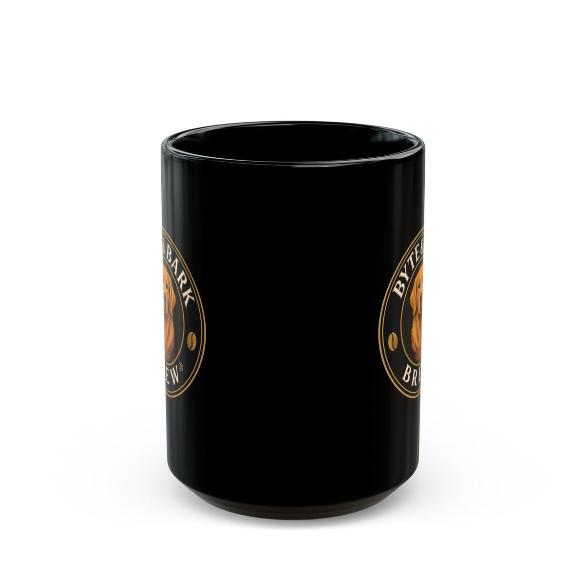 Glossy black mug front view showing rim and partial gold Byte & Bark Brew® logo