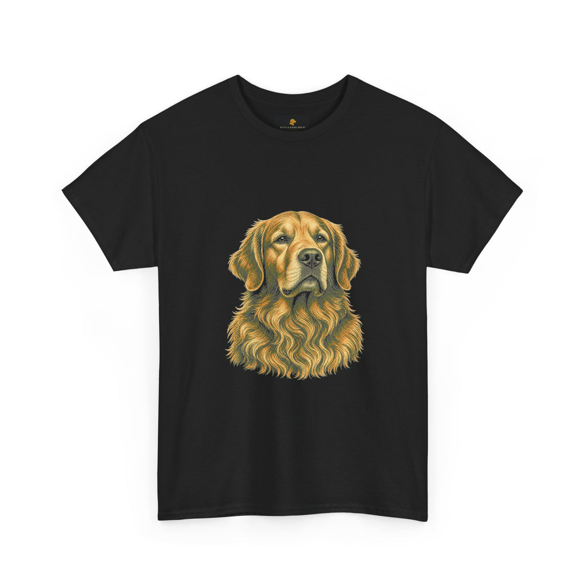 Black crewneck tee with large golden retriever portrait print and Byte & Bark Brew® neck tag