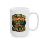 White mug with 'Adventure Awaits Dog Dad' design featuring a dog and mountains on a white background