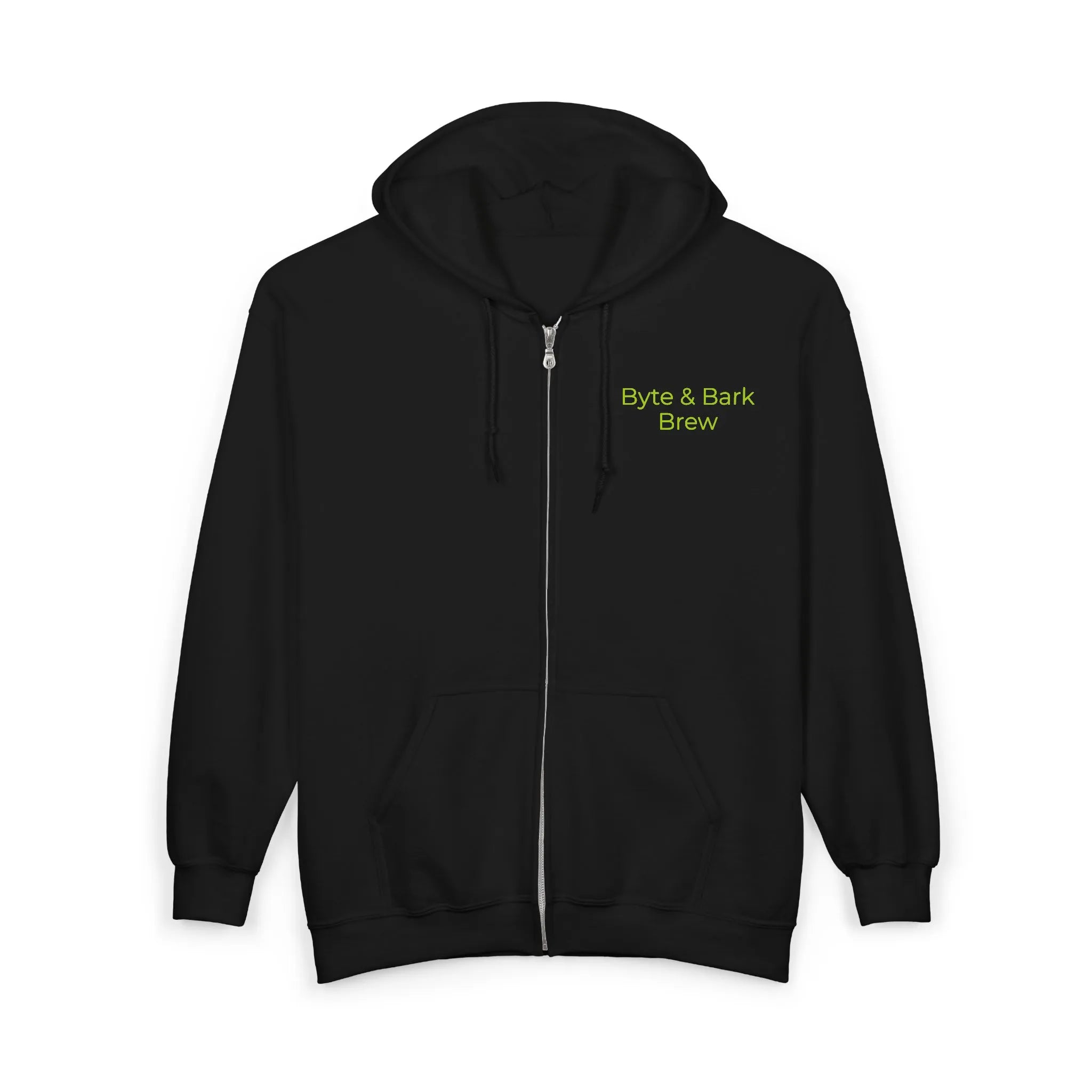 Black hoodie with 'Byte & Bark Brew' text on a white background
