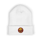White beanie with a red and yellow Byte & Bark Brew logo on a white background