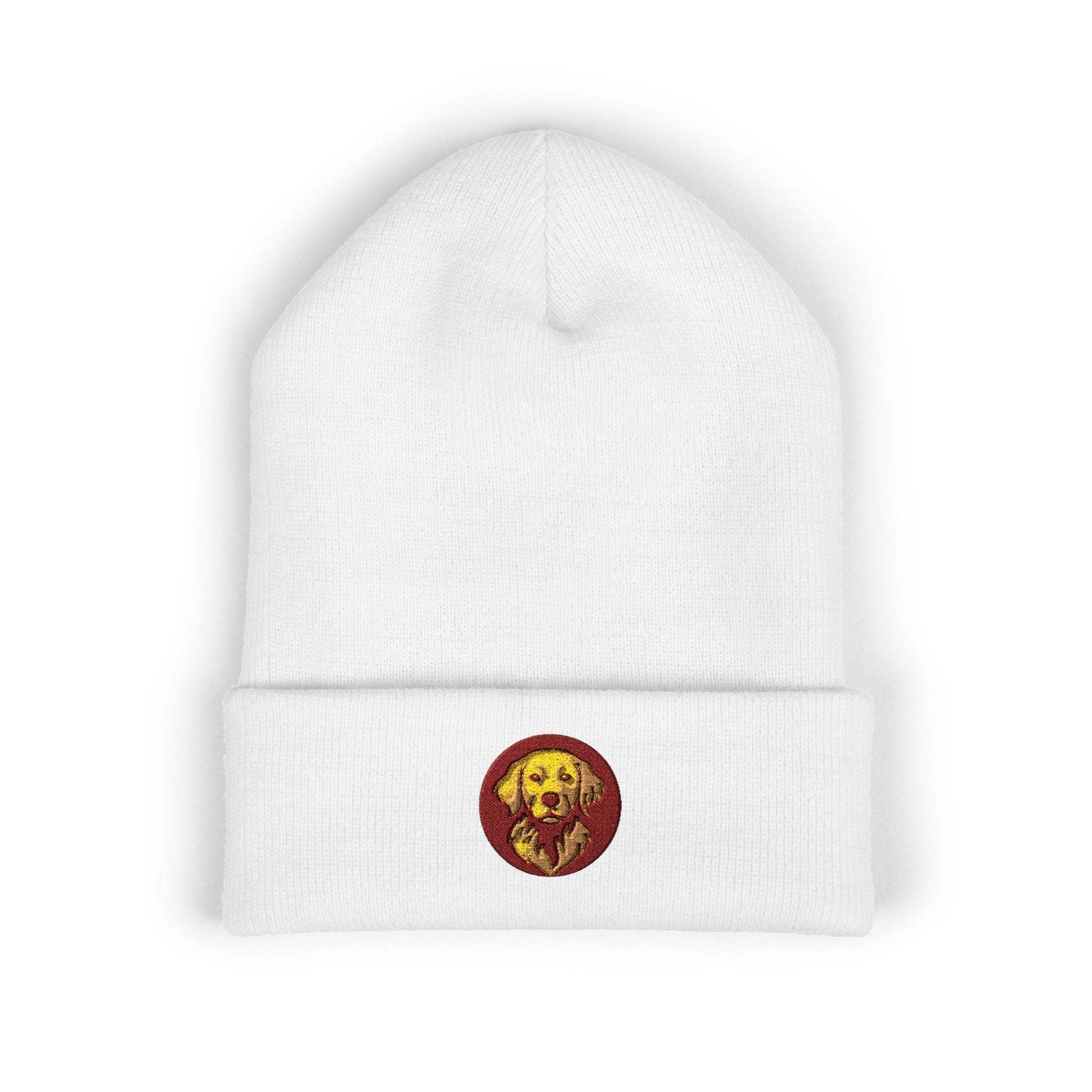 White beanie with a red and yellow Byte & Bark Brew logo on a white background