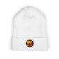 White beanie with a red and yellow Byte & Bark Brew logo on a white background