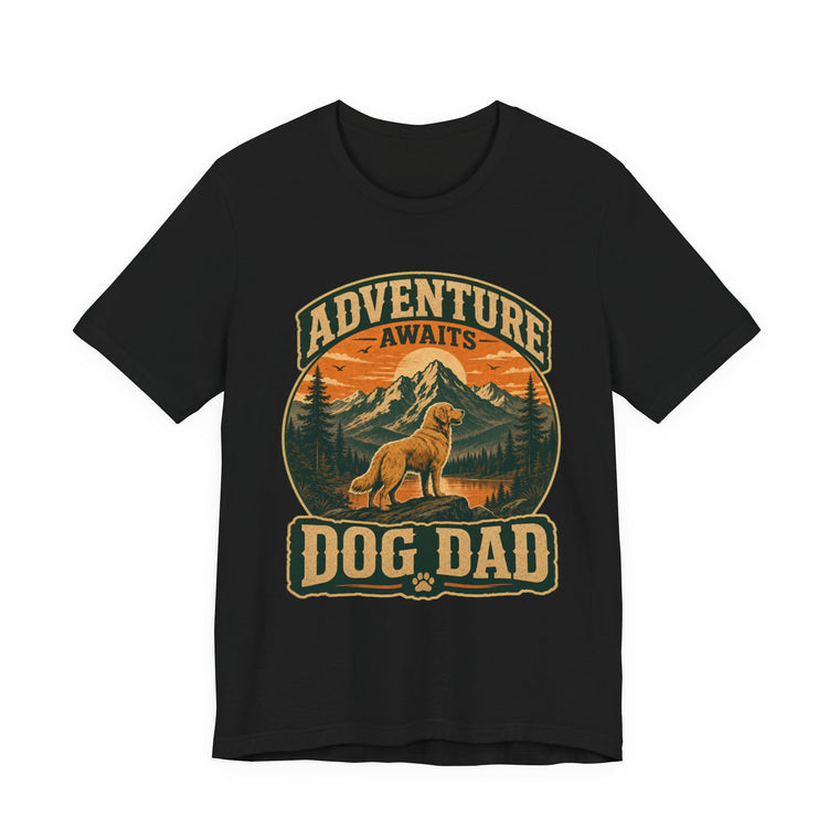 Black t-shirt with vintage circular mountain and sunset scene, golden retriever and DOG DAD text