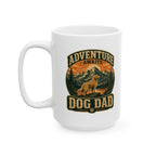 White mug with 'Adventure Awaits Dog Dad' design featuring a dog and mountains on a white background