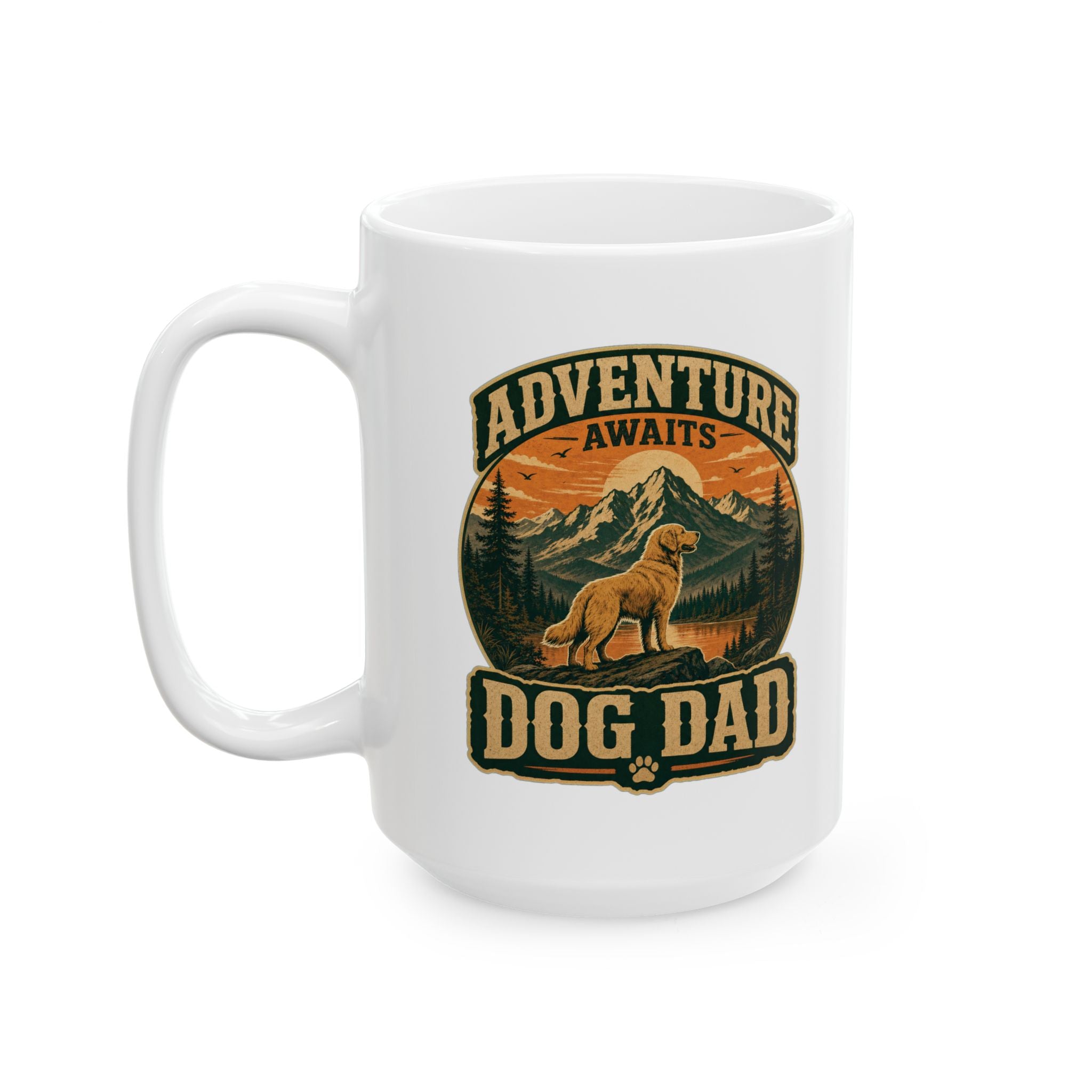 White mug with 'Adventure Awaits Dog Dad' design featuring a dog and mountains on a white background