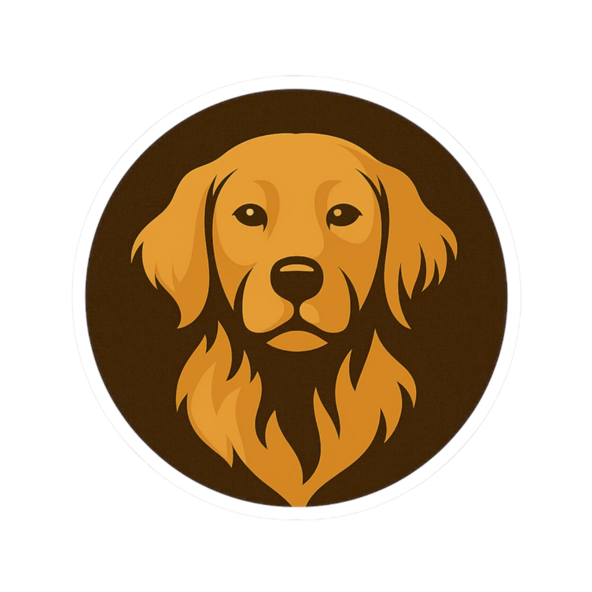 Circular sticker with a golden retriever's face on a brown background. Byte & Bark Brew's trademarked logo. 
