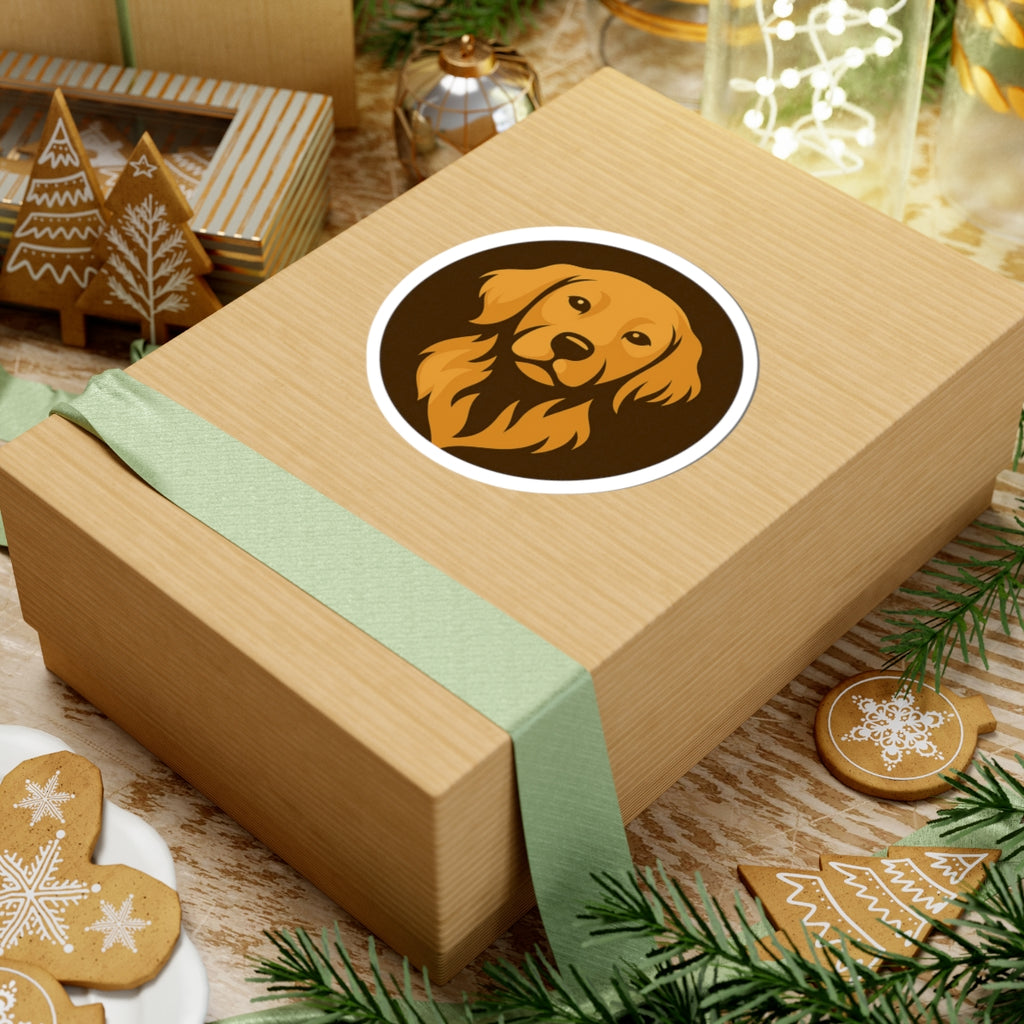 Wooden gift box with a dog illustration on a festive background with cookies and lights.