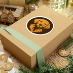 Wooden gift box with a dog illustration on a festive background with cookies and lights.