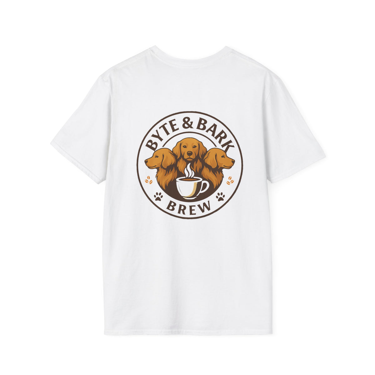 White short-sleeve crewneck t-shirt back view with large Byte & Bark Brew® circular logo featuring three dogs