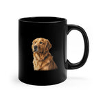 Black mug with a golden retriever design on a white background