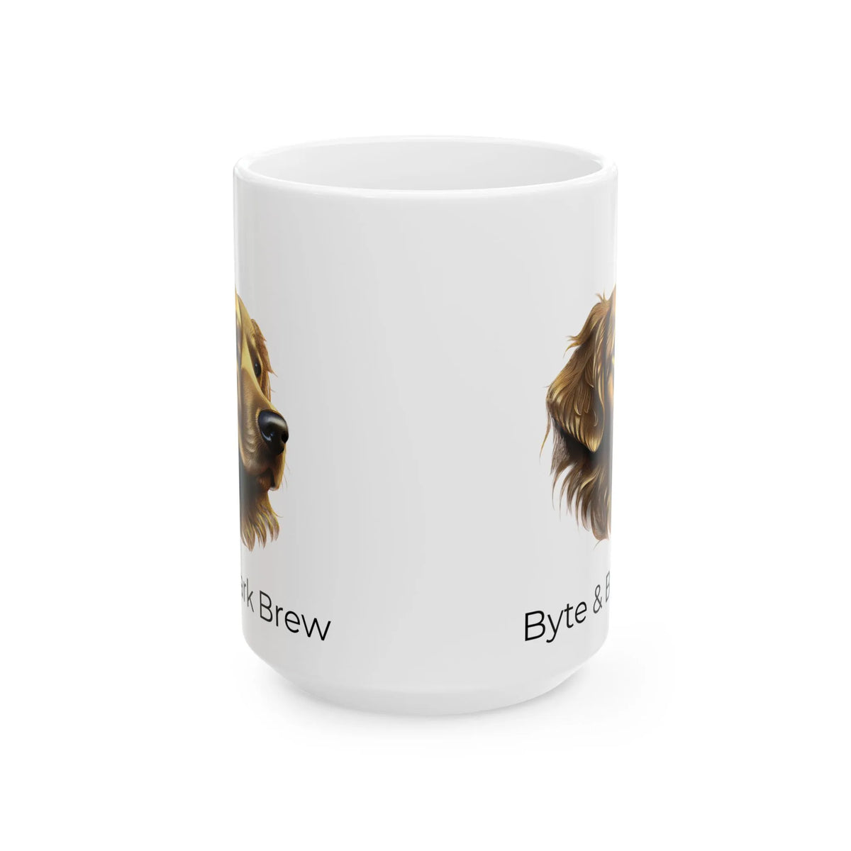 Front close-up of white ceramic mug showing two partial golden retriever faces and Byte & Bark Brew® text