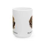 White mug with a dog design on a white background