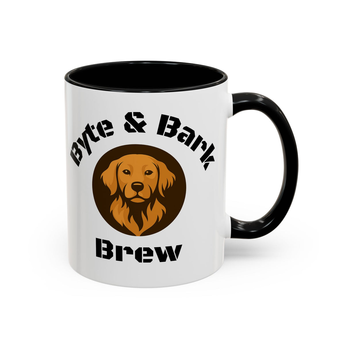 White accent mug with black interior and handle featuring dog-face logo and Byte & Bark Brew® text