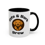 White mug with black handle featuring a dog illustration and text on a white background
