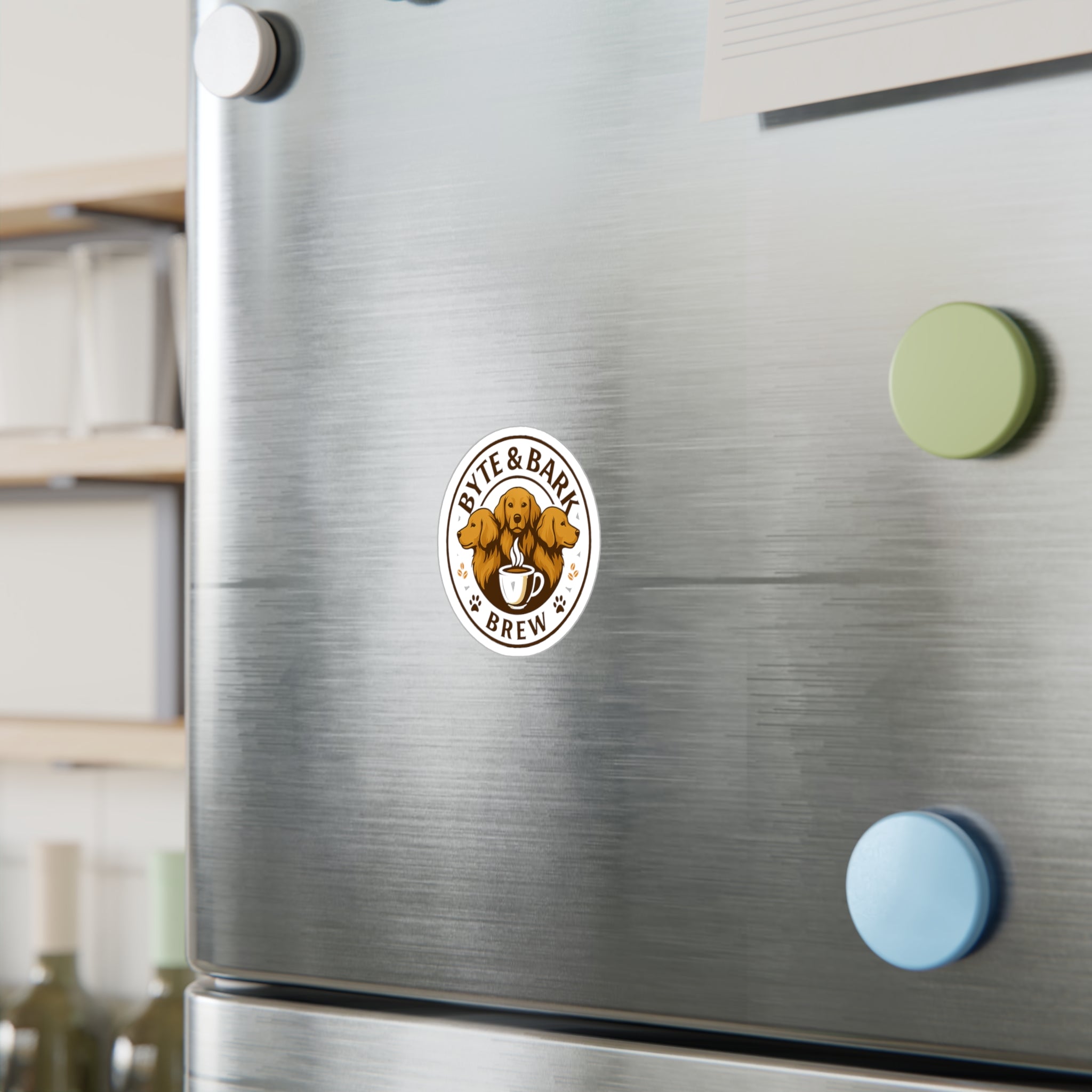 Stainless steel appliance with a logo sticker with "Byte & Back Brew" written on it. 