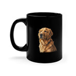 Black mug with a golden retriever design on a white background