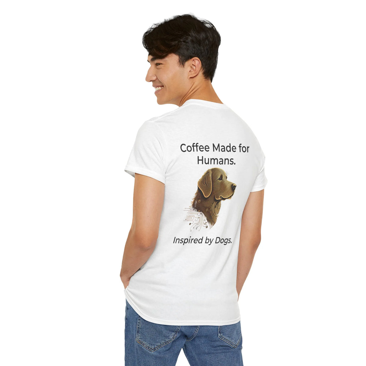 Model turned over shoulder wearing white t-shirt with printed 'Coffee Made for Humans.' text and dog graphic