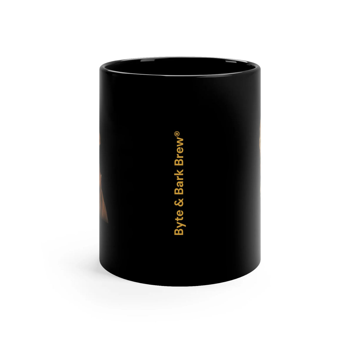 Glossy black mug with vertical golden Byte & Bark Brew® logo visible on white background