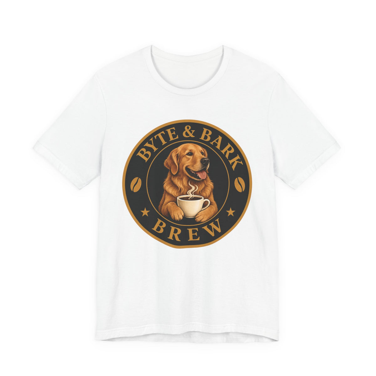 White crewneck t-shirt with Byte & Bark Brew® logo showing golden retriever holding steaming coffee cup
