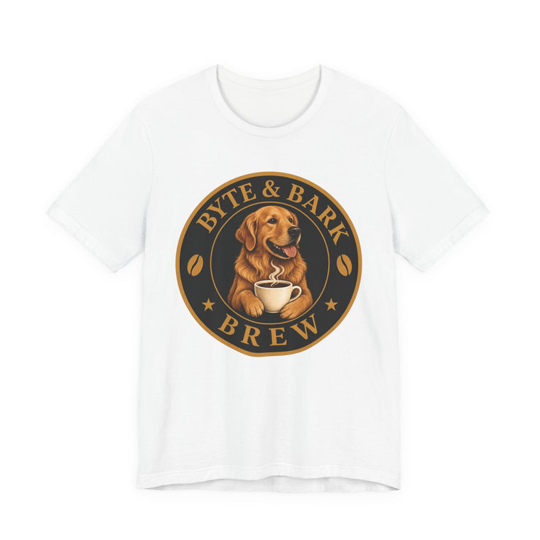 White crewneck t-shirt with Byte & Bark Brew® logo showing golden retriever holding steaming coffee cup