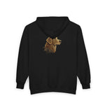 Black hoodie with a dog graphic on the back against a white background