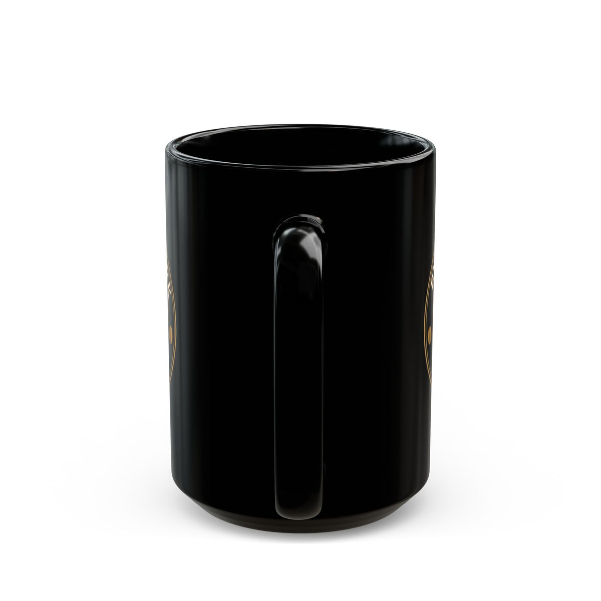 Close-up front view of glossy black ceramic mug showing top rim, inner opening, and centered handle