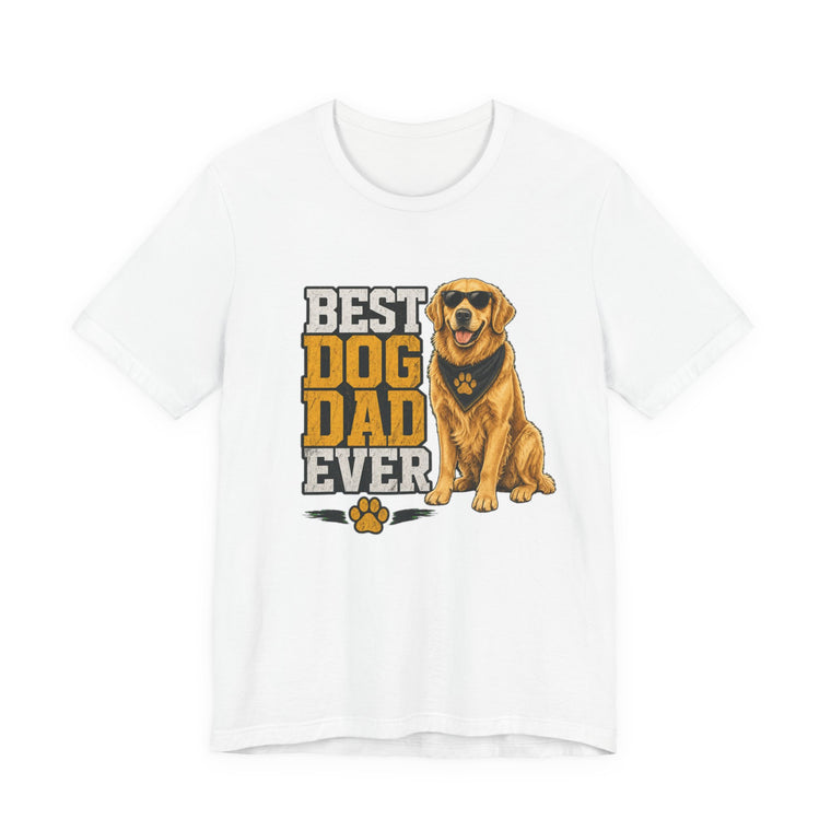 White crewneck t-shirt with large vertical Best Dog Dad Ever text and smiling golden retriever