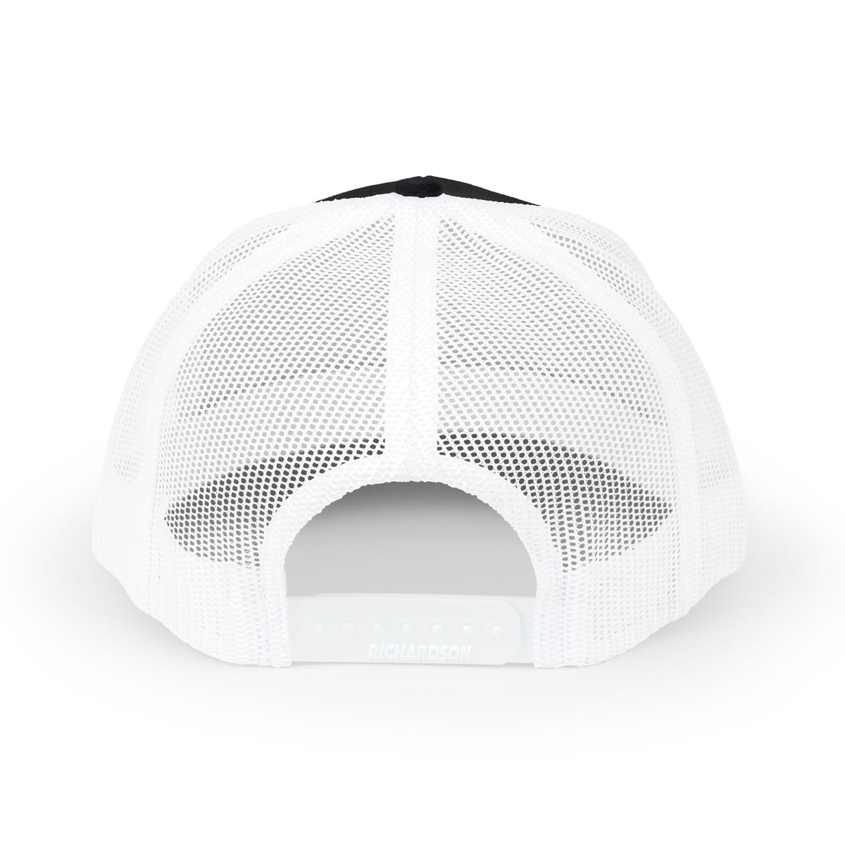 Rear close-up of white mesh trucker cap with black top button and adjustable snapback