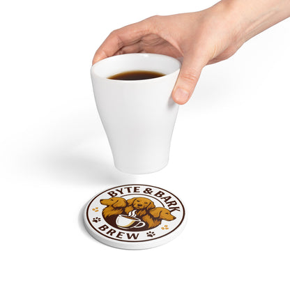 Ceramic coasters with coffee shop logo and cork backing