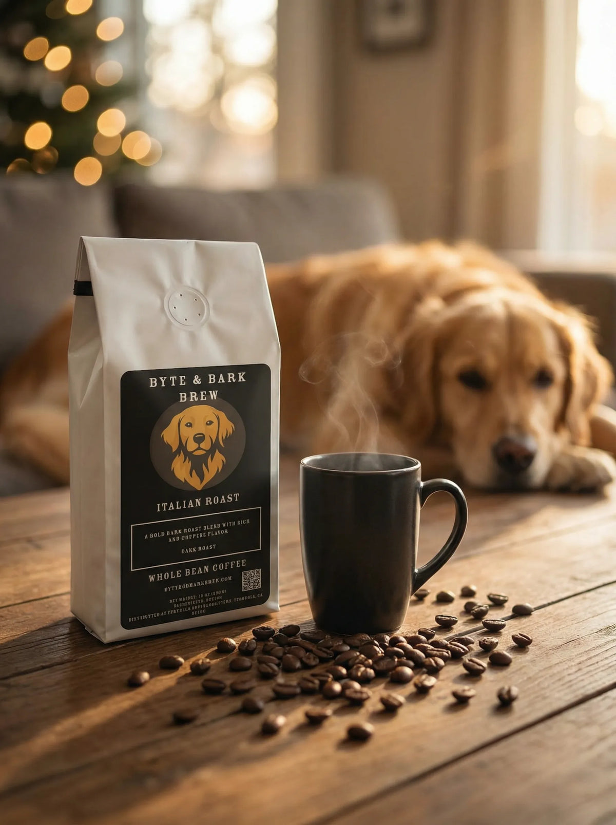 Byte & Bark Brew® Italian Roast bag with steaming black mug and scattered beans, dog blurred