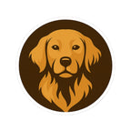 Circular sticker with a golden retriever's face on a brown background. Byte & Bark Brew's trademarked logo. 