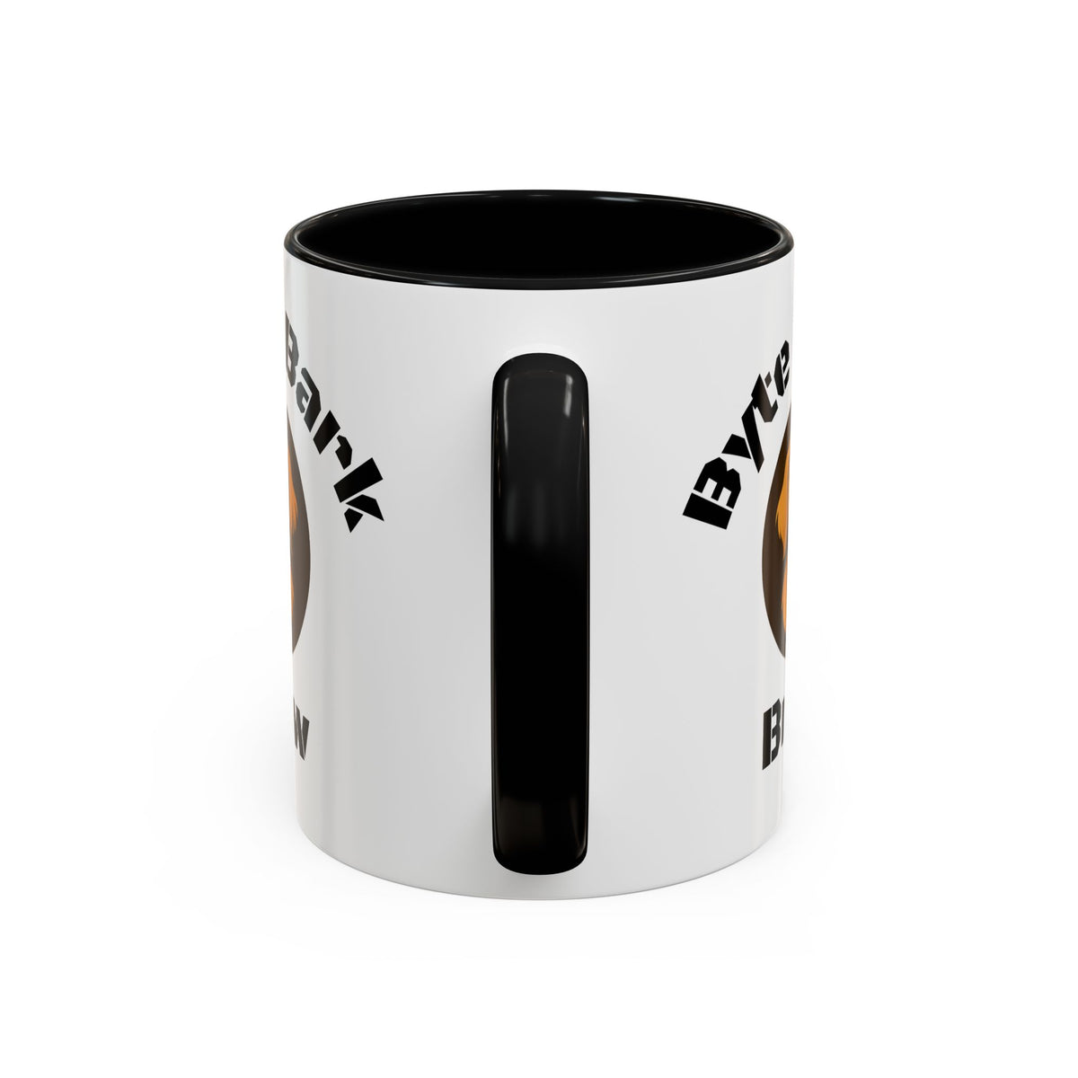 Close-up front view of white mug with black interior and handle, partial black diagonal text