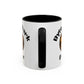 White mug with black interior and handle, featuring a logo and text on a white background