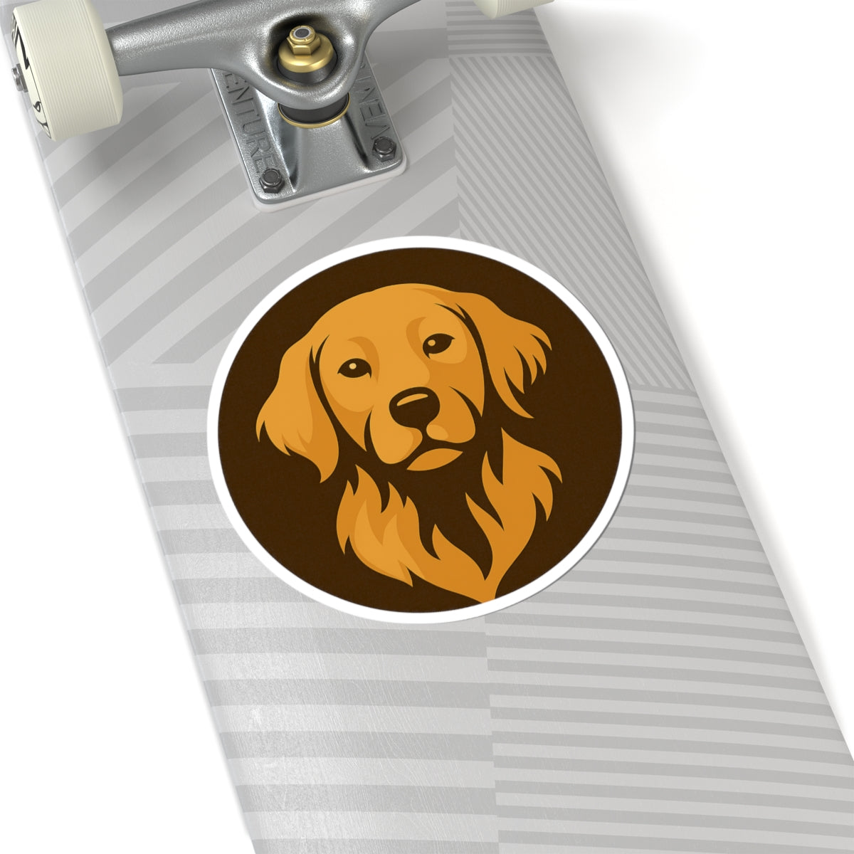 Skateboard with a Byte & Bark Brew dog sticker on a white background