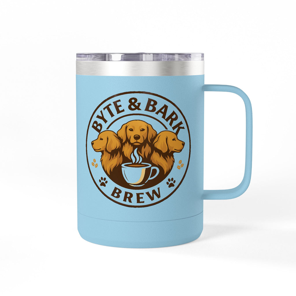 White Byte & Bark Brew coffee mug with three golden retrievers and coffee cup logo